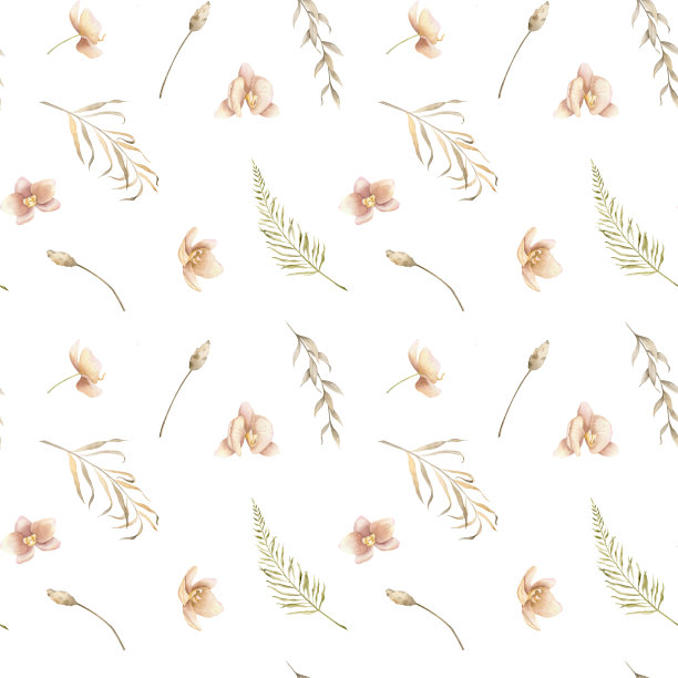 花图案与粉红色的兰花花和干树枝在孤立的背景。手绘水彩插图与植物和草药的纺织品设计或包装纸。植物装饰图片下载