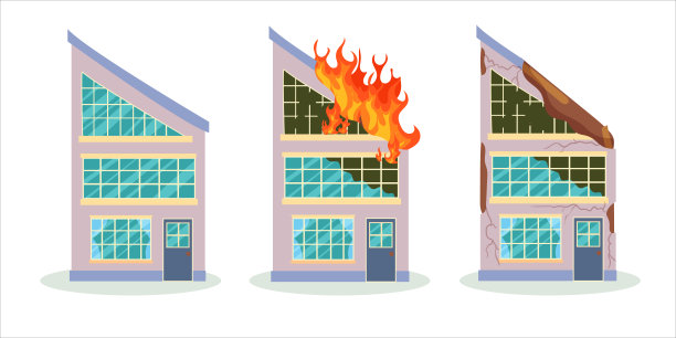 大火或地震后被毁坏的建筑物。战后被毁坏的城市建筑。残破的城市，破旧的房屋。矢量插图隔离在白色背景上。图片下载