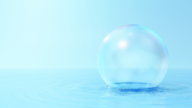 3 d演示。漂浮在水面上的肥皂泡。宽广的水面。(水平)图片下载