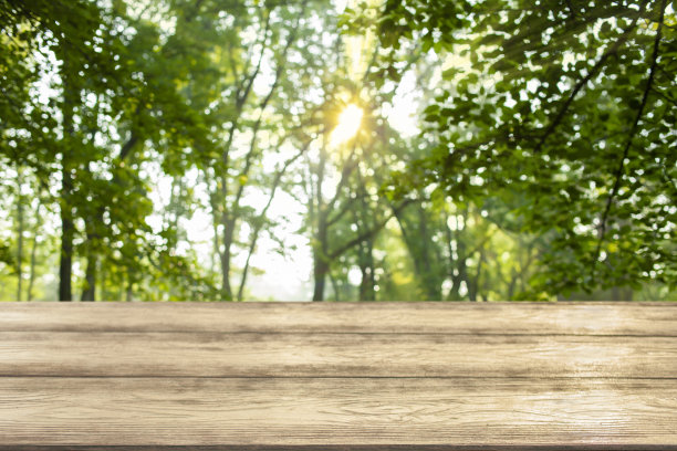 木质桌子与森林散景背景图片下载