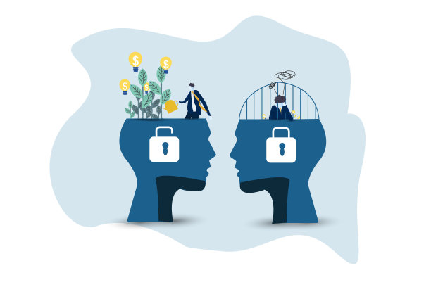 思维不同的商业人士之间的固定心态和成长心态的概念向量图片下载