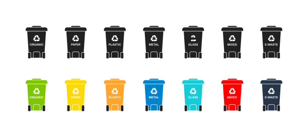 垃圾可以设置与分类垃圾。黑色和彩色。矢量EPS 10图片下载