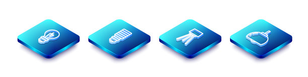 设置等距线灯泡，LED灯，落地灯和吊灯图标。向量图片下载