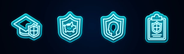 设线毕业帽带盾，储蓄罐，人寿保险和文件。发光的霓虹灯图标。向量图片下载