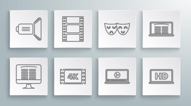 在线购买电影票，播放视频，4k电影，磁带，框架，在线播放视频，笔记本电脑屏幕与高清技术，喜剧和悲剧戏剧面具，和电影聚光灯图标。向量图片下载