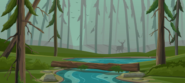 森林景观与河流。暮色中峡谷里的针叶林，倒下的枯树甩过河床。野生动物全景，鹿的剪影。常绿乔木。矢量卡通插图。图片下载