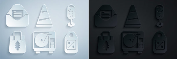 集黑胶播放器与黑胶磁盘，香槟杯，圣诞购物袋，价格标签销售，聚会帽和聚会邀请卡图标。向量图片下载