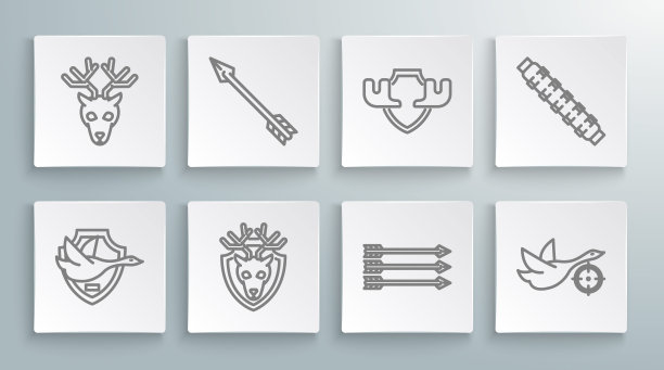 设线飞鸭对盾牌，潮人箭头，鹿头与鹿角，箭头，狩猎十字准星，驼鹿角，狩猎子弹带子弹和图标。向量图片下载