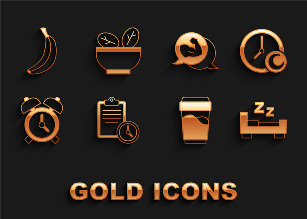 设置运动训练计划，时间睡觉，玻璃与水，闹钟，健美运动员的肌肉，香蕉和沙拉碗图标。向量图片下载