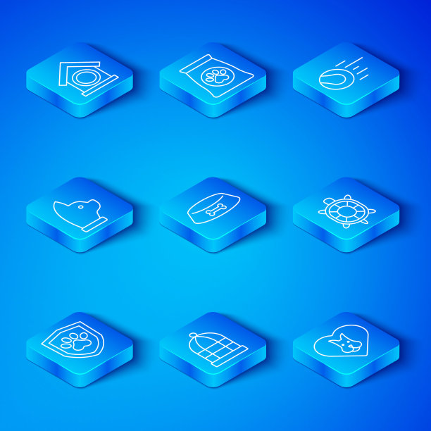 设置线动物健康保险，宠物食品碗的猫或狗，笼鸟，海龟，玩具球，猫，狗的房子和心脏与图标。向量图片下载