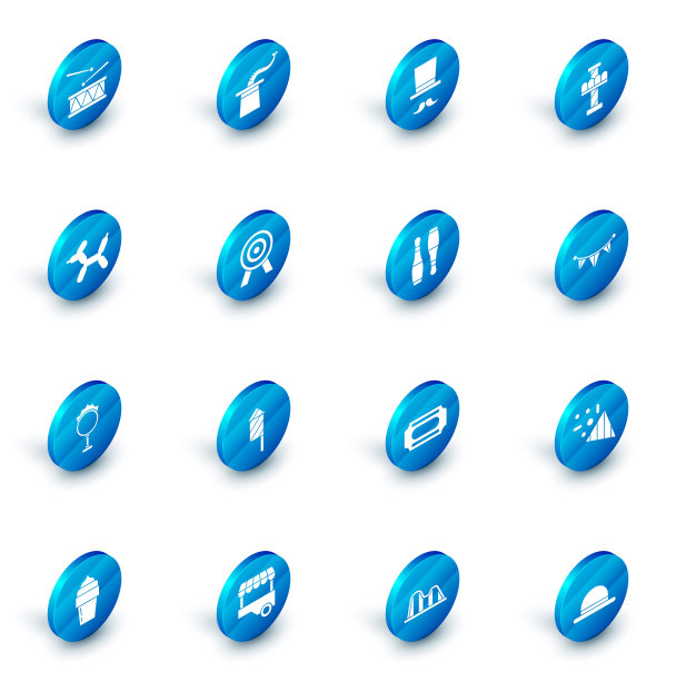 集魔术师帽子，吸引旋转木马，气球狗，马戏团火圈，目标，嘉年华花环与旗帜和保龄球瓶图标。向量图片下载