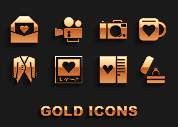 集相框和心，咖啡杯，结婚戒指，明信片，西装，相机，信封情人节和电影图标。向量图片下载