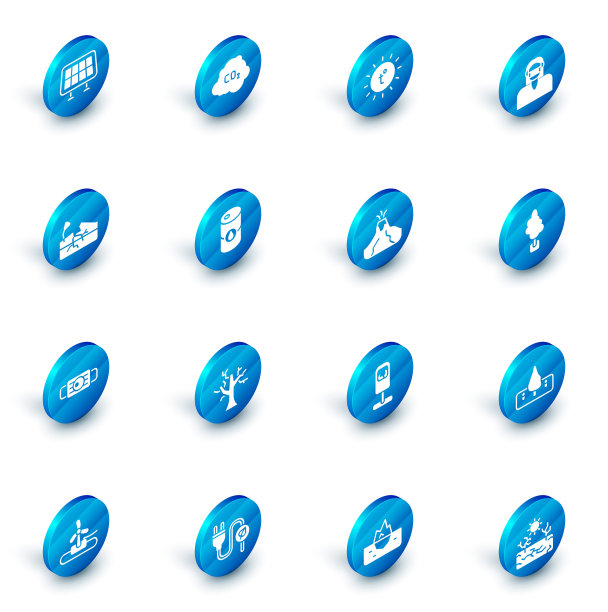 设置二氧化碳排放在云，太阳，面部防护面具，地震，医疗，桶油，树和火山喷发与熔岩图标。向量图片下载