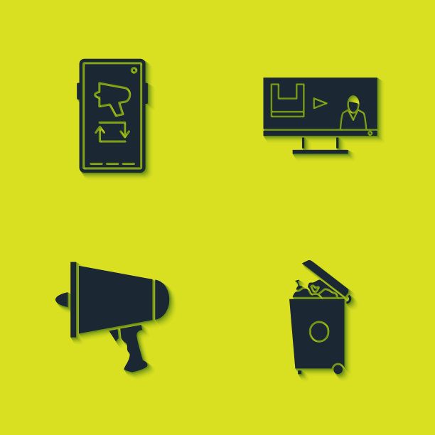 设置手机扩音器，垃圾桶，传播，扩音器和停止塑料污染图标。向量图片下载