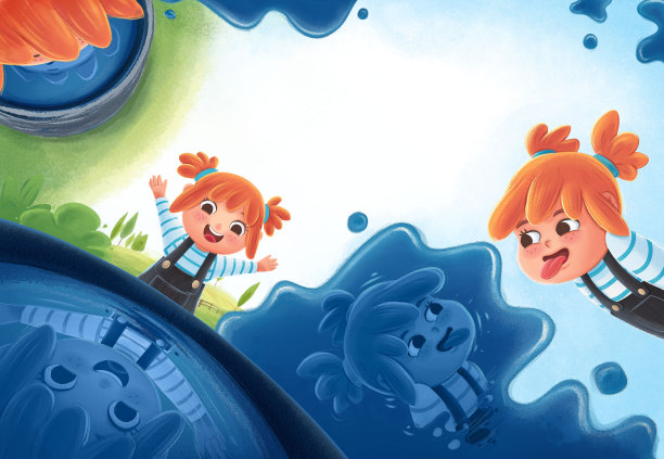 小女孩玩水为儿童插图图片下载