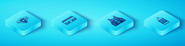 设置等距鹿角上的盾牌，狩猎弹药带，喷雾对昆虫和夹克图标。向量图片下载