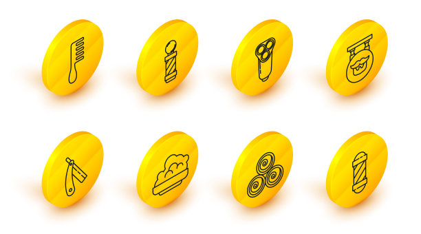 集线经典理发店杆，毛巾卷，剃须凝胶泡沫，直剃刀，理发店，电动刀片的男人，和发刷图标。向量图片下载