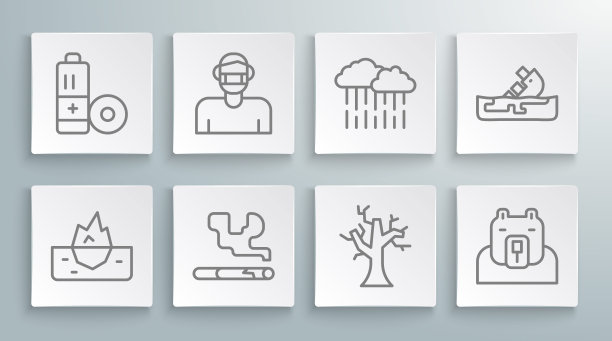 设置线冰山，脸在保护面具，香烟，枯树，北极熊头，云与雨，失事油轮和电池图标。向量图片下载