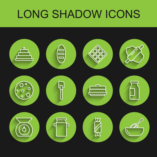 集线天平，牛奶罐头容器，蛋糕与燃烧的蜡烛，糖果，厨房搅拌碗，抹刀，瓶子和图标。向量图片下载