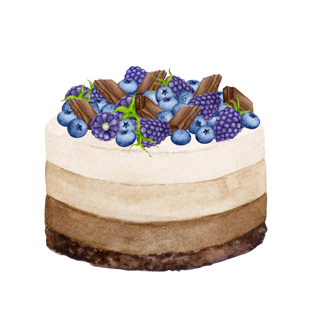 奶油蛋糕配巧克力，用浆果装饰。为贺卡，请柬，菜单，标志，织物印刷品的水彩假日剪贴画。婚礼、生日、周年纪念设计。图片下载