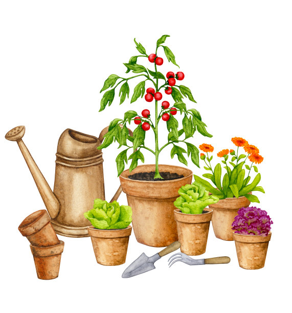 在陶罐里种植的蔬菜。蔬菜花园在容器里。水彩画的主题是园艺、春苗、种植蔬菜、收获。图片下载