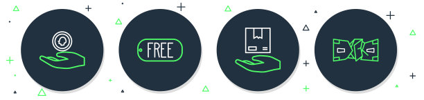 设置线价格标签文字免费，送货手盒子，手拿硬币钱和皱巴巴的纸现金图标。向量图片下载