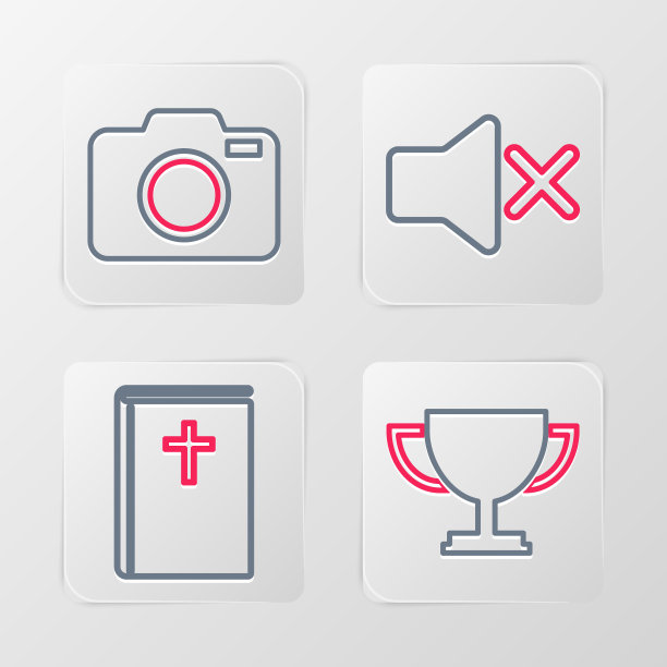 设置线奖杯杯，圣经书，扬声器静音和照片相机图标。向量图片下载