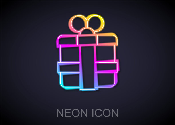 发光的霓虹线礼盒图标孤立的黑色背景。向量图片下载