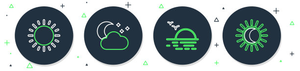 设置线云与月亮和星星，日落，和日食的太阳图标。向量图片下载