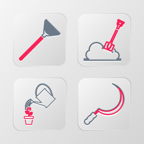 设置线镰刀，浇水罐，铲地和花园耙的叶子图标。向量图片下载