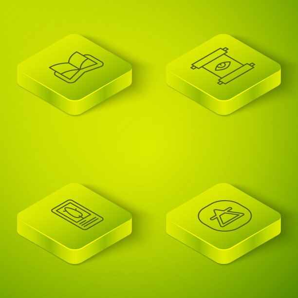 集等距线古代魔法卷轴，塔罗牌，空气元素和书的图标。向量图片下载