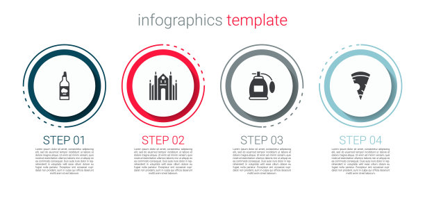 一瓶橄榄油，米兰大教堂，香水和披萨片。业务信息图表模板。向量图片下载