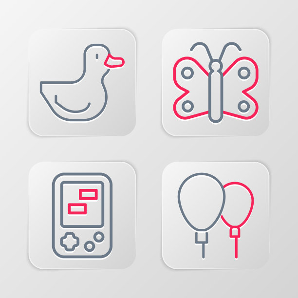 集线气球，俄罗斯方块电子游戏，蝴蝶和橡皮鸭图标。向量图片下载