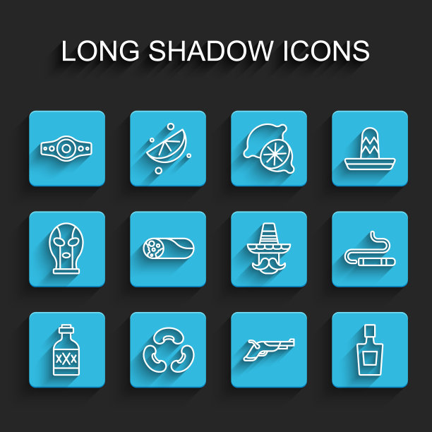 集线龙舌兰酒瓶，豆子，摔跤冠军腰带，老式手枪，墨西哥卷饼，雪茄和墨西哥人宽边帽图标。向量图片下载