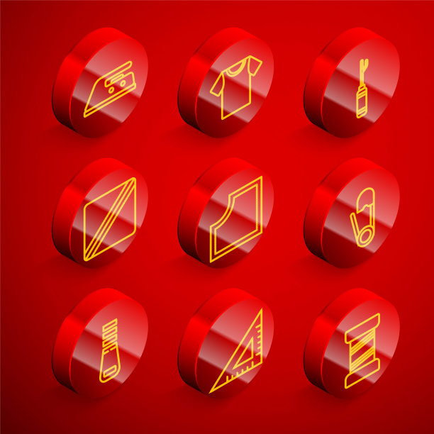 设置线电熨斗，t恤，锥子工具，缝纫图案，安全别针，拉链和三角形尺子图标。向量图片下载