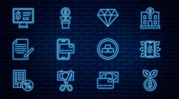 设线美元工厂，智能手机与美元，钻石，手机银行，文件和笔，监视器，金条和图标。向量图片下载