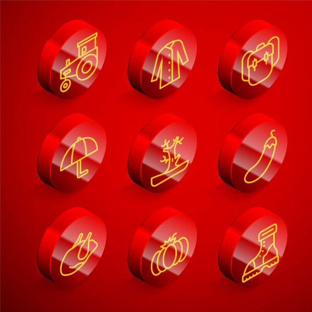 集线拖拉机，雨衣，学校背包，伞，裸树，茄子，烤火鸡肉和南瓜图标。向量图片下载