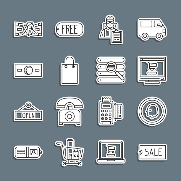 设置线价格标签文字销售，硬币钱，购物车电脑，送货员纸箱，纸购物袋，现金，皱巴巴的纸和搜索浏览器窗口图标。向量图片下载