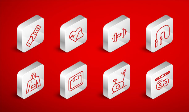 设置线杠铃，心率，哑铃，跳绳，固定自行车，蛋白质运动酒吧，浴室秤和卫衣图标。向量图片下载