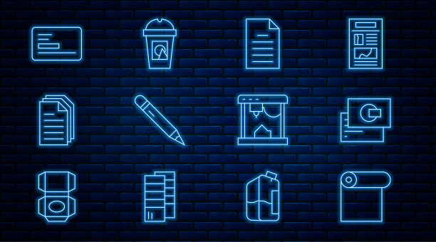 设置线卷纸，名片，文件文件，铅笔与橡皮擦，3D打印机和咖啡杯去图标。向量图片下载