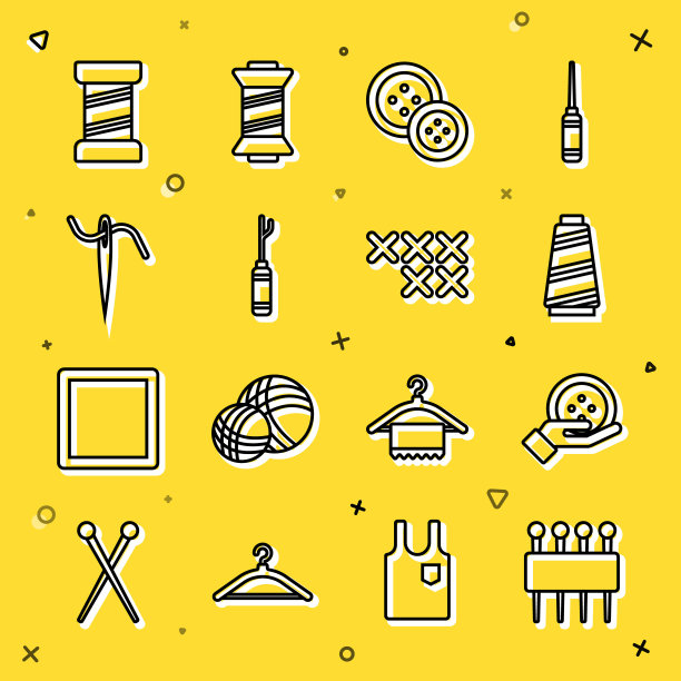 设置线针缝纫，缝纫按钮，线，锥子工具，与，和可调的刺绣箍图标。向量图片下载