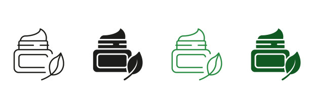 有机奶油在罐子和叶子轮廓和线条图标集。天然保湿化妆品在塑料容器黑色和绿色象形文字。美丽自然皮肤产品图标。孤立矢量图图片下载