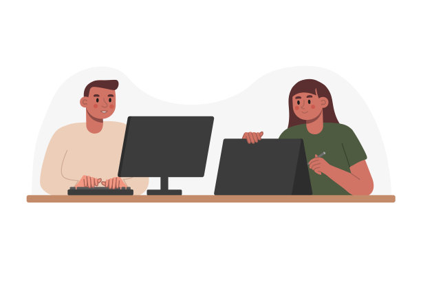 年轻男女一起工作的卡通人物图片下载