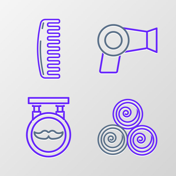 集线毛巾卷，理发店，吹风机和发刷图标。向量图片下载