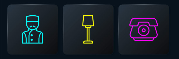 设置礼宾台、电话机、台灯。黑色方形按钮。向量图片下载