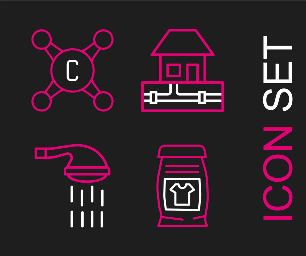 设置洗衣粉，淋浴，供水管道和水龙头图标。向量图片下载