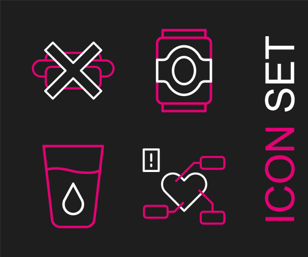 设行关注健康心、水杯、汽水罐及无垃圾食品图标。向量图片下载