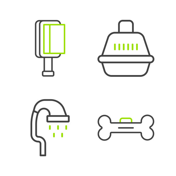 设置线狗骨头，宠物淋浴，手提箱和毛刷的狗和猫的图标。向量图片下载