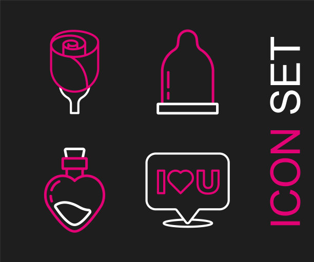 设置线语音气泡，我爱你，瓶子药水，避孕套和花玫瑰图标。向量图片下载