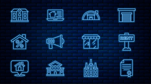 设置线上房屋合同，挂签租金，仓库，扩音器，百分比折扣，市场商店和在线房地产图标。向量图片下载